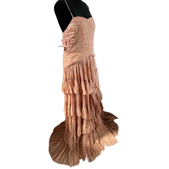 Anthropologie BHLDN Jessa Pink Metallic Asymmetrical Ruffled Drop-Waist Gown 8 - Picture 13 of 14